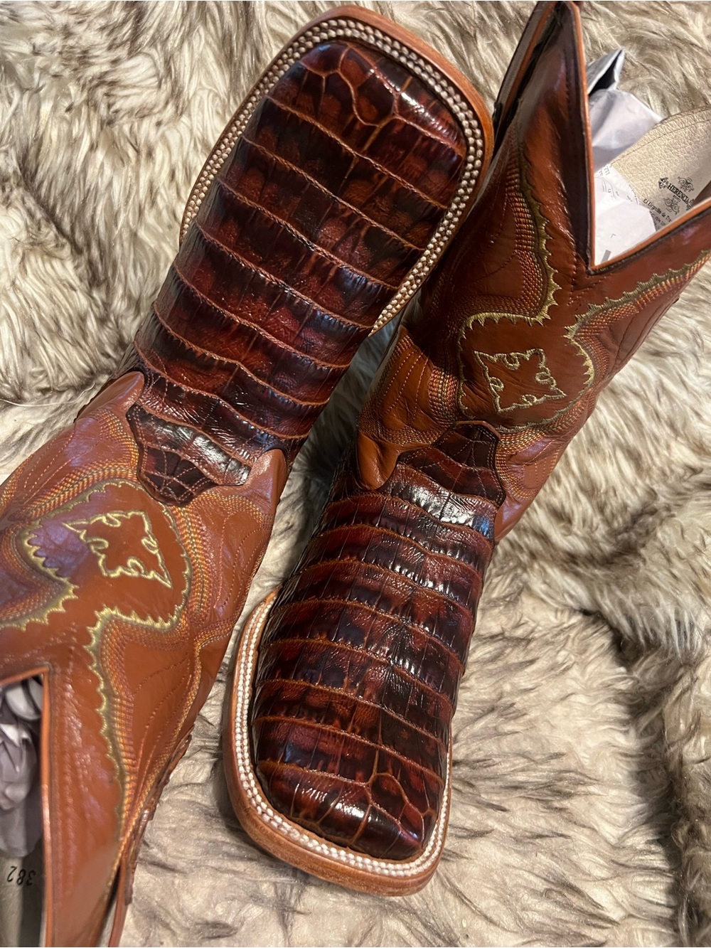Men's Brown Exotic CAIMAN Print & Leather Western Boots with Embossed Shaft Sz 8 - Picture 5 of 15